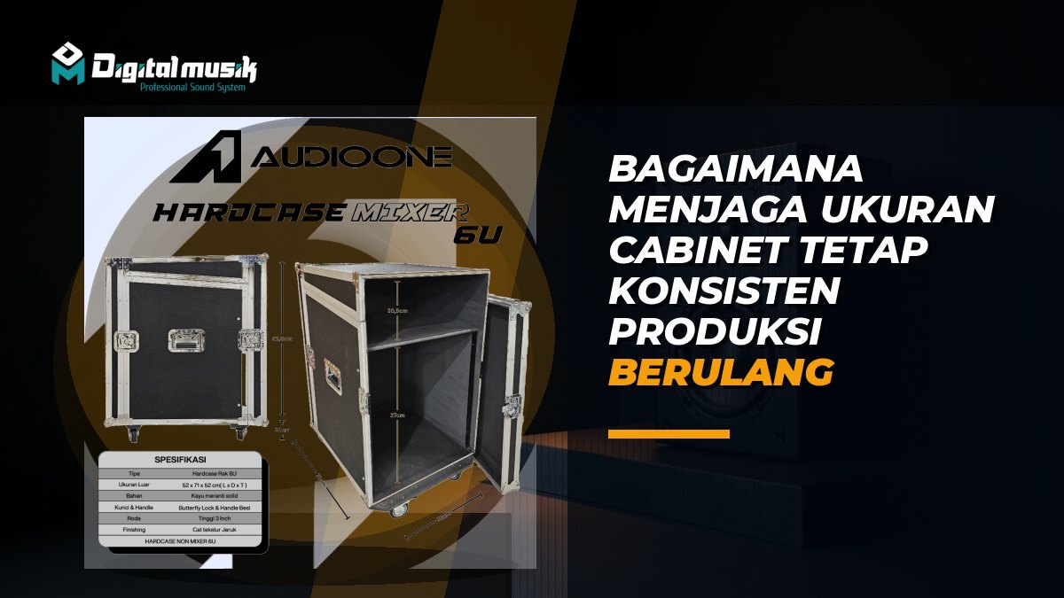 Teknisi memeriksa dimensi cabinet speaker menggunakan alat ukur presisi di area produksi