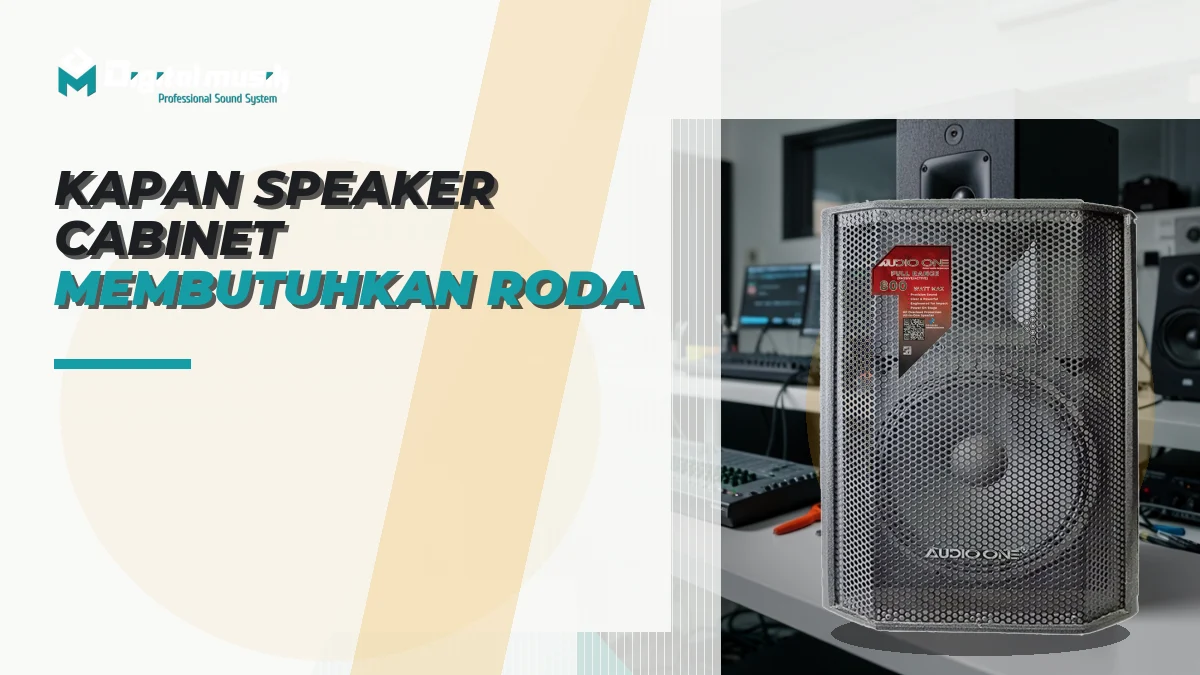 Speaker cabinet profesional dengan roda caster di atas lantai panggung