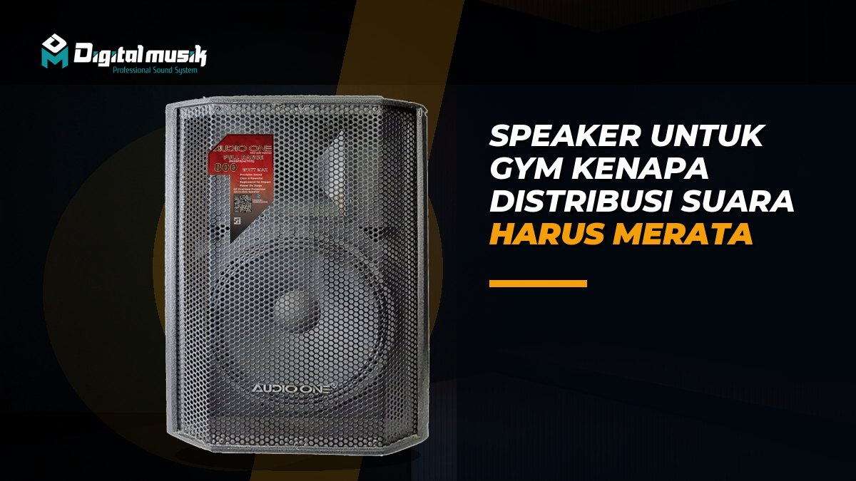 Ilustrasi speaker profesional yang dipasang di dinding gym dengan pola radiasi suara yang merata