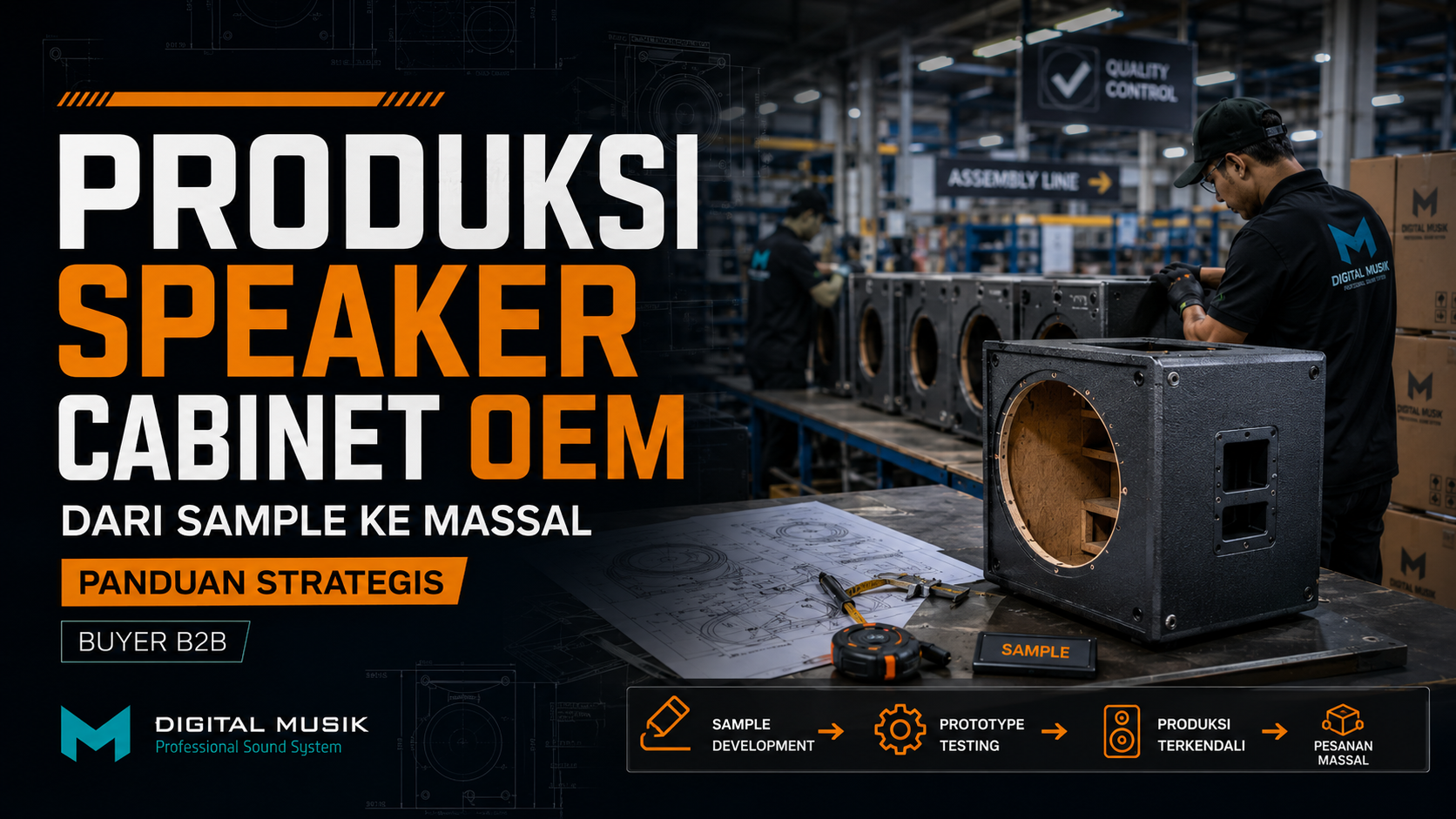 Proses manufaktur dan perakitan speaker cabinet OEM di workshop profesional