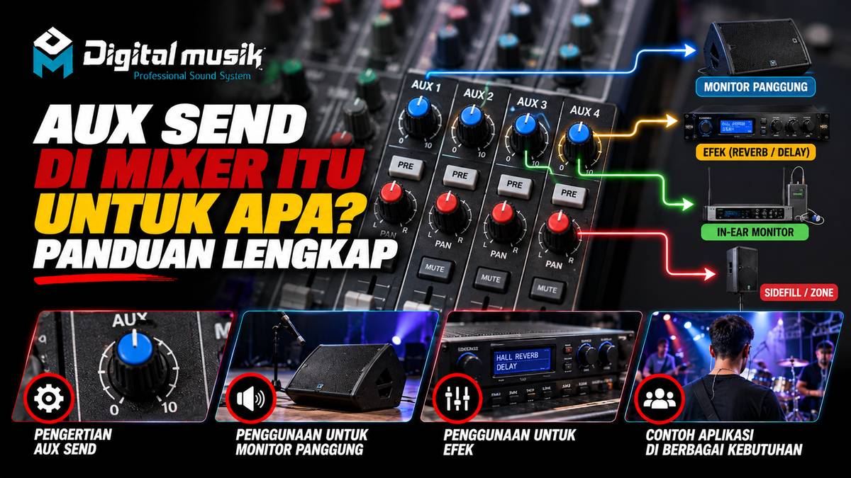 Ilustrasi tangan yang menunjuk ke tombol Aux Send pada sebuah mixer audio profesional.