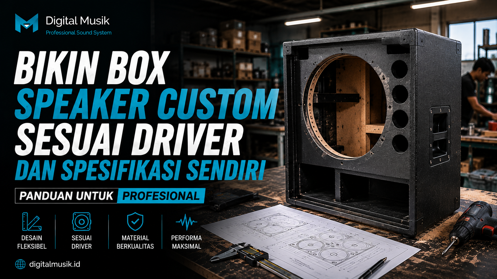 Proses produksi box speaker custom di workshop Digital Musik Indonesia