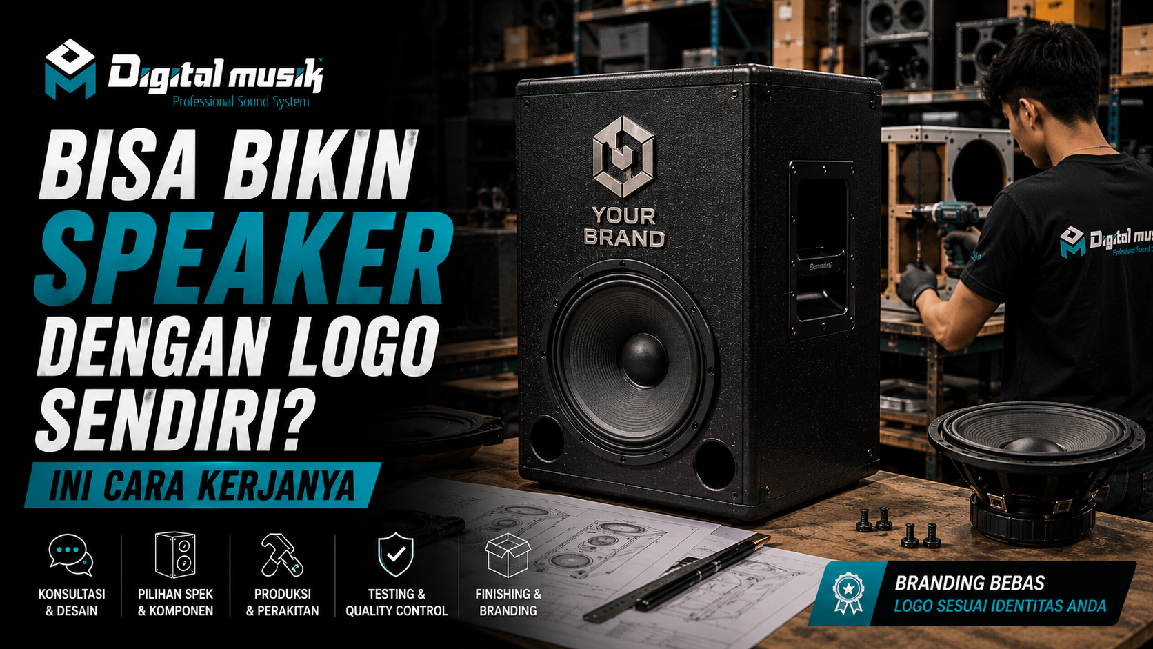 Proses manufaktur speaker custom dengan branding logo