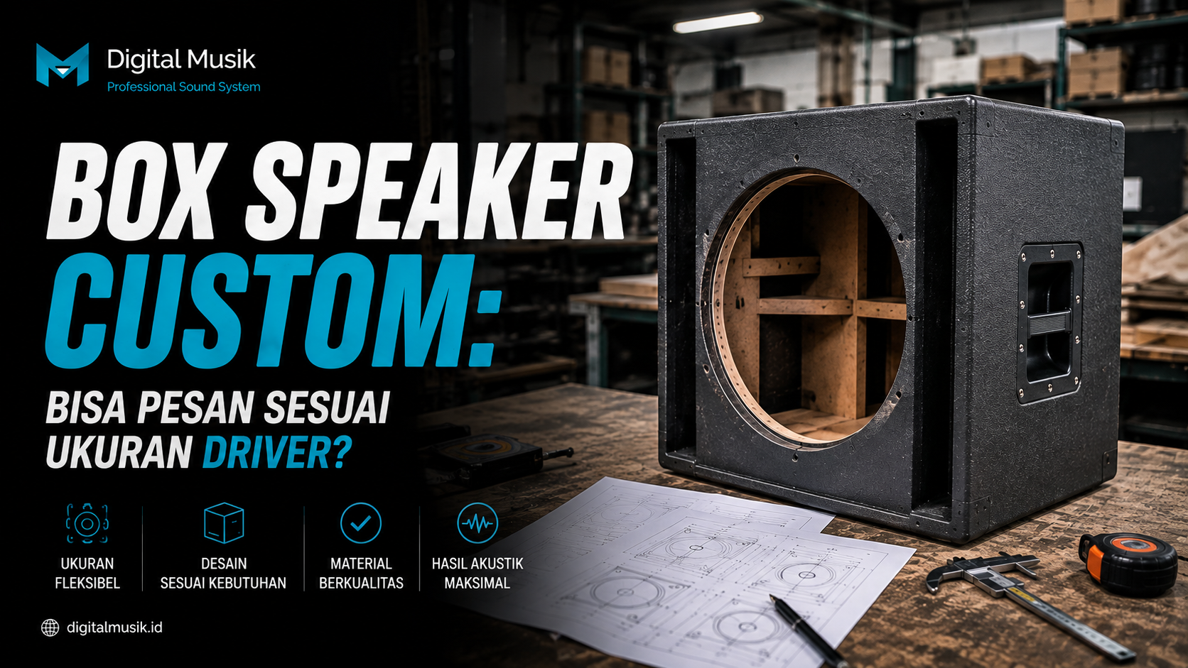 Proses produksi box speaker custom di workshop Digital Musik Indonesia