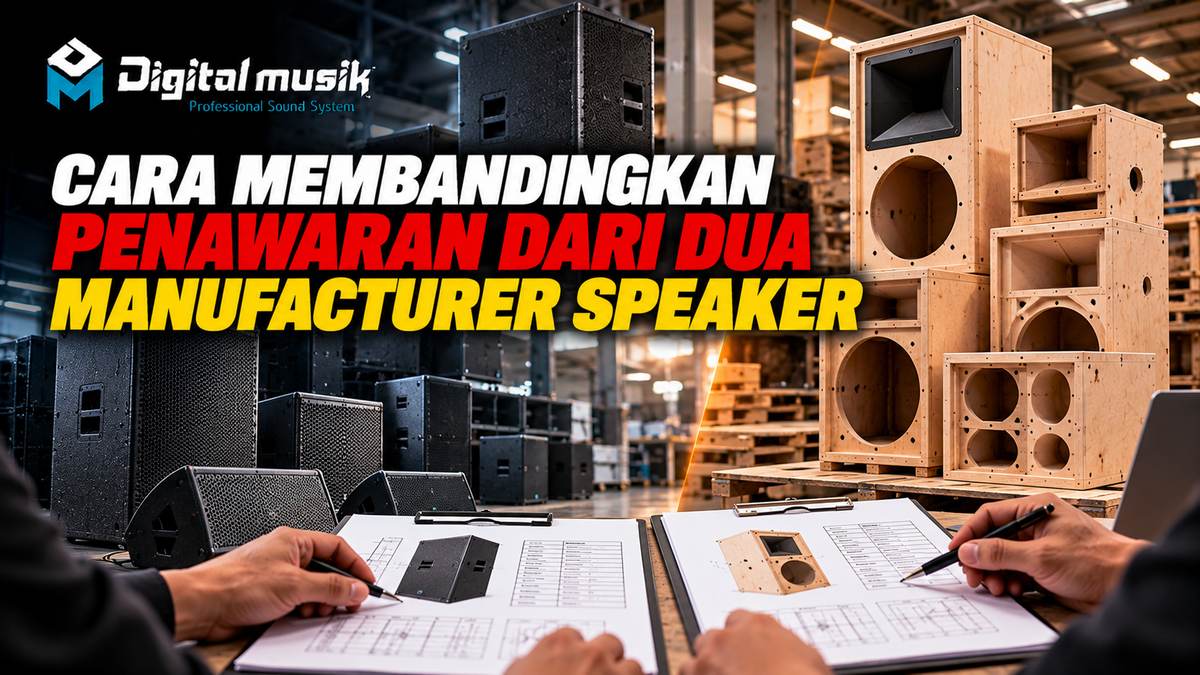 Orang membandingkan dua dokumen penawaran manufacturer speaker di meja kerja.