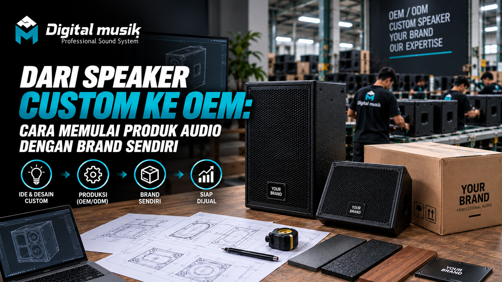 Orang sedang mendiskusikan desain speaker di depan meja dengan prototipe speaker