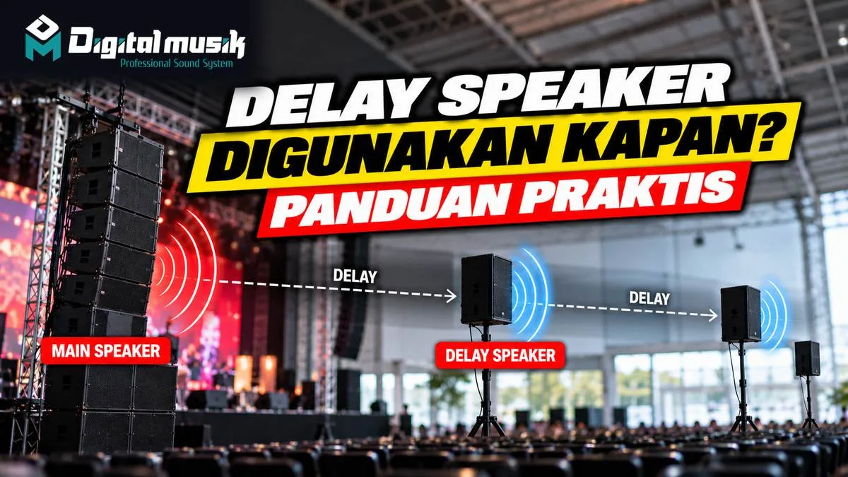Ilustrasi teknisi audio sedang mengatur speaker di sebuah panggung