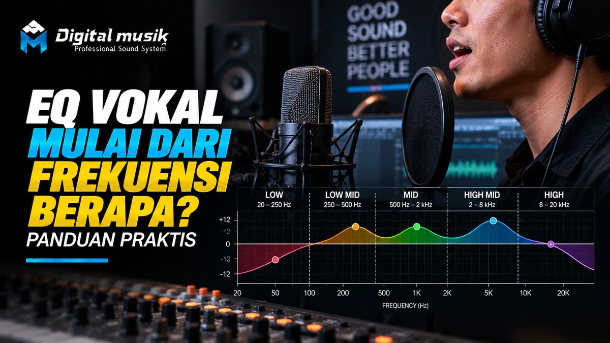 Tangan seorang operator audio sedang mengatur equalizer pada sebuah mixer untuk suara vokal.