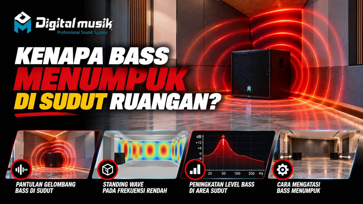 Ilustrasi visualisasi gelombang suara bass yang terkonsentrasi di sudut ruangan.