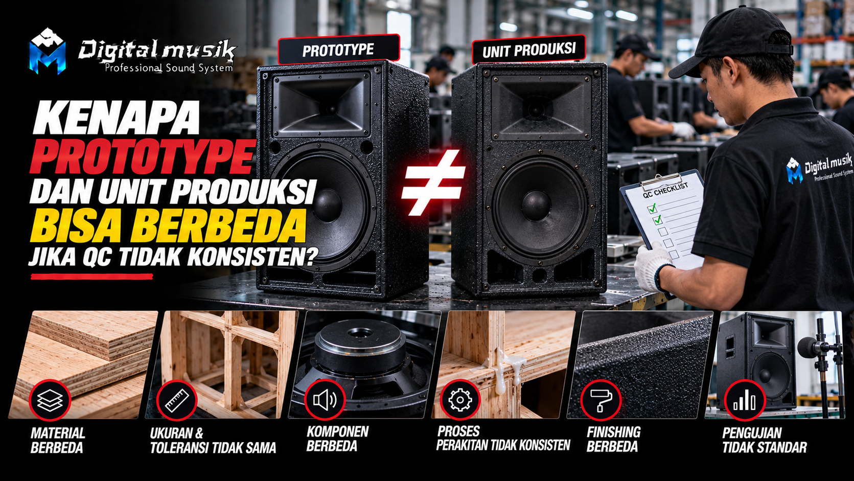 Teknisi sedang memeriksa komponen speaker di laboratorium kontrol kualitas.