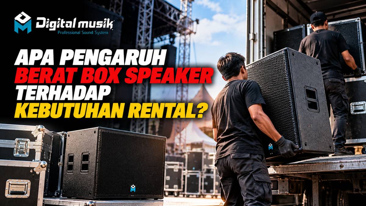Teknisi sedang mengangkat speaker besar yang berat untuk keperluan rental sound system