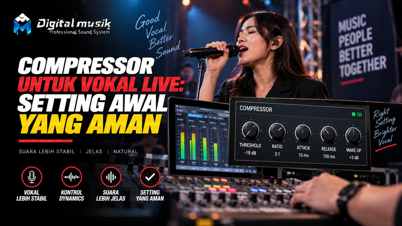 Tangan teknisi audio mengatur knob pada unit compressor rack mount di console mixing