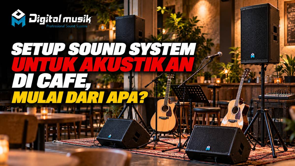 Ilustrasi setup sound system sederhana di sebuah kafe dengan suasana nyaman