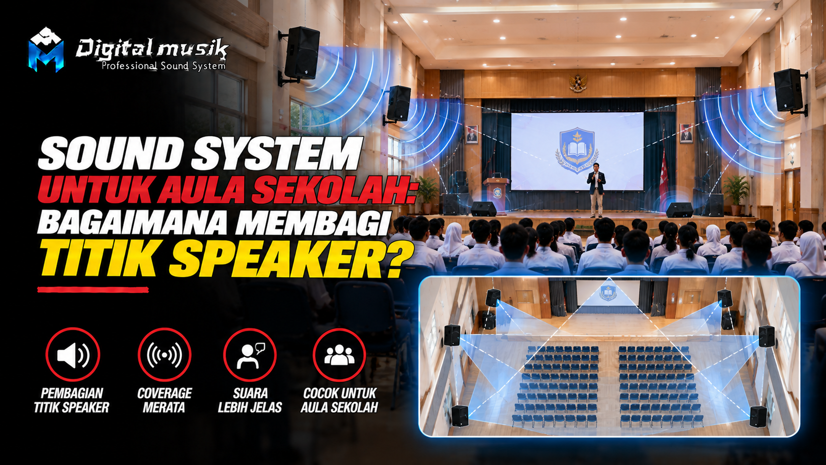 Ilustrasi aula sekolah dengan tata letak speaker yang terencana