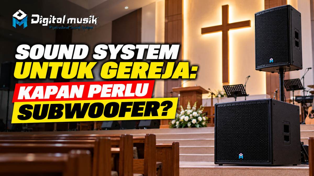 Ilustrasi sound system gereja dengan fokus pada speaker dan subwoofer.