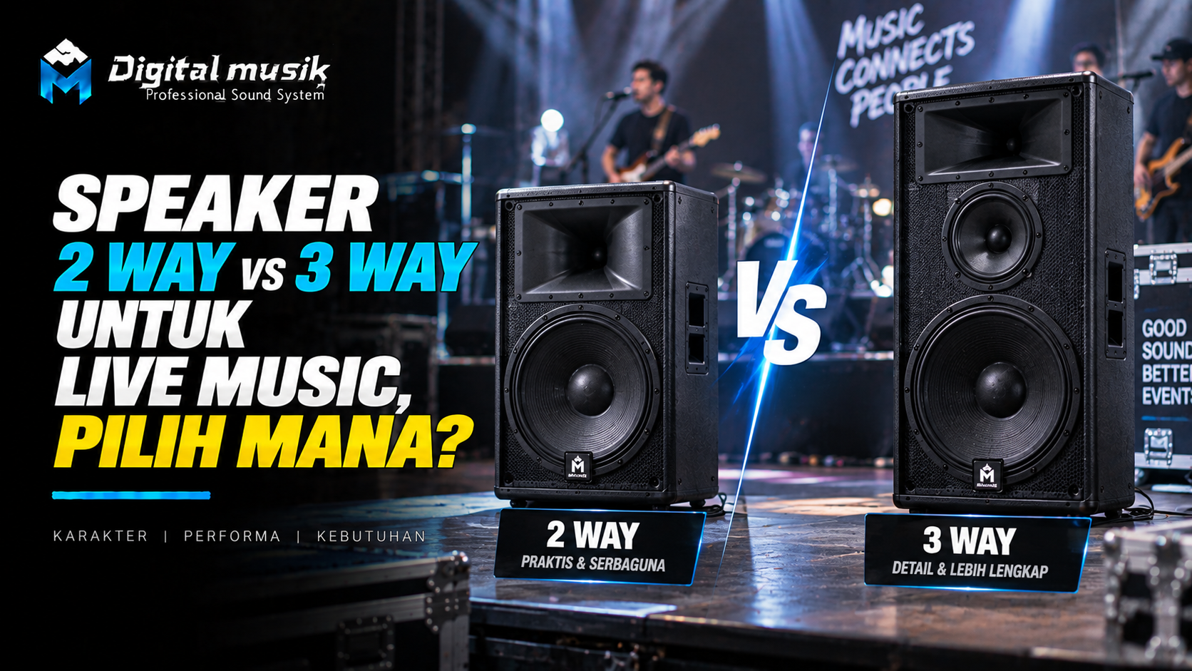 Ilustrasi perbandingan speaker 2 way dan 3 way untuk panggung live music.